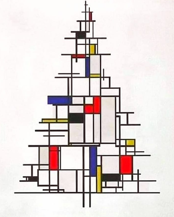 Een kerstboom getekend in de stijl van Mondriaan