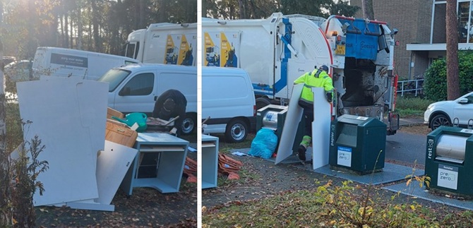 Een medewerker van de RMN sleept grote stukken grof vuil naar de vuilniswagen