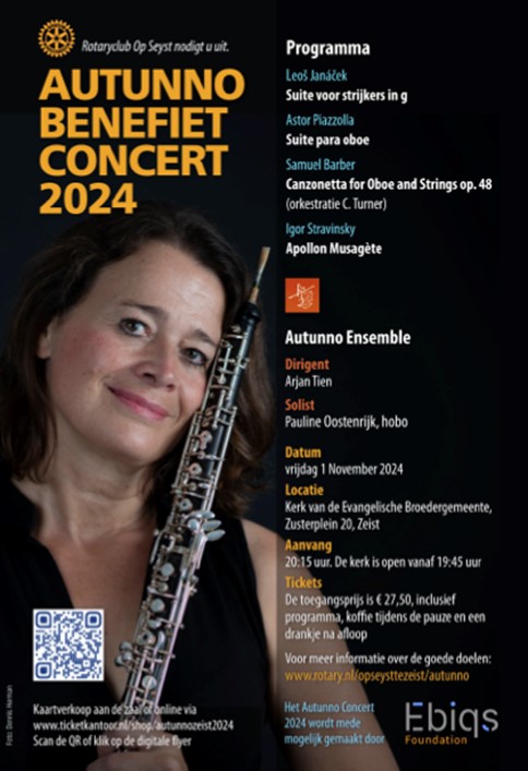 Affiche van het Autunno concert 2024, met op hobo Pauline Oostenrijk