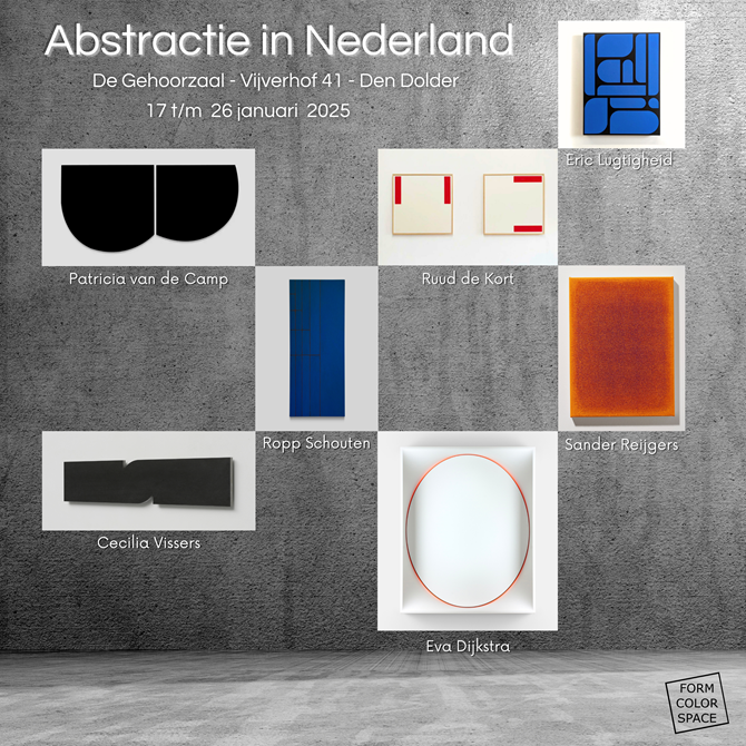 Affiche van de tentoonstelling van zeven abstracte kunstenaars in Den Dolder