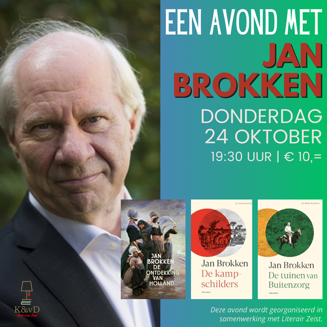 Affiche van het bezoek van schrijver Jan Brokken aan Zeist, met zijn laatste drie boeken