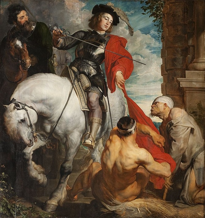 Schilderij van Sint Maarten te paard die met een zwaard een deel van zijn mantel afsnijdt en aan een bedelaar geeft