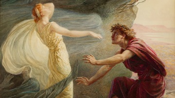 Schilderij waarop Orpheus zijn geliefde Euridice terughaald bij de poort van de onderwereld