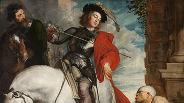 Schilderij van Sint Maarten te paard op het moment dat hij met zijn zwaard een stuk van zijn mantel afsnijdt en aan een bedelaar geeft