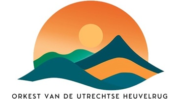 Logo van het Orkest van de Utrechtse Heuvelrug met heuvels en een zon in een oranje cirkel