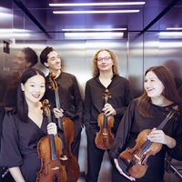 De vier leden van het quartet dat optreedt tijdens het herfstconcert van de Zeister Muziekdagen staan met hun viool in een lift